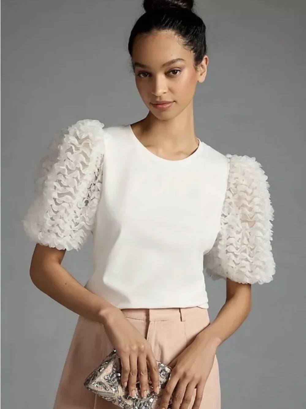 Anthropologie Flat White 3D Floral Petal Puff Sleeve Top - White - S
